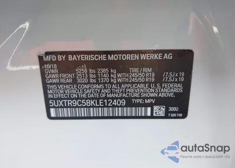 2019 BMW X3 xDrive30I z USA, uszkodzony, nr VIN 5UXTR9C58KLE12409